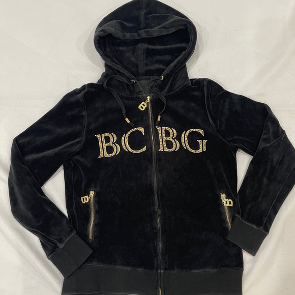 BCBG | Sweaters | Bcbg Y2k Graphic Rhinestone Black Velour Zip Up Hoodie  Sweater | Poshmark